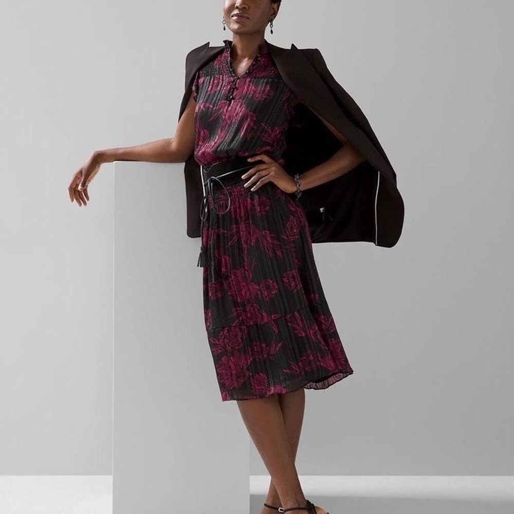NWT WHBM Smocked Waist Midi‎ Ruffle Black Floral Shimmer Black Dahlia High Neck - Picture 2 of 9